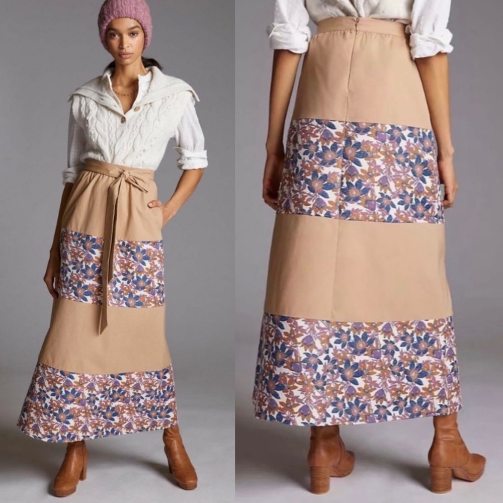 Anthropologie Tan and Floral Maxi Skirt
